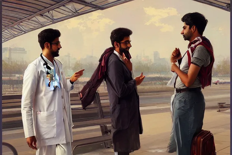 Image similar to Exasperated good looking pale young Indian doctors wearing American clothes chatting at the airport, portrait, elegant, intricate, digital painting, artstation, concept art, smooth, sharp focus, illustration, art by artgerm and greg rutkowski and alphonse mucha