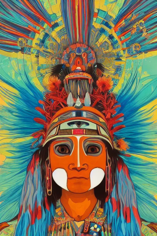 Image similar to A psychedelic painting of a Hopi kachina doll, symmetrical features, cinematic lighting, soft bokeh, fantasy, modern, colourful, highly detailed, digital painting, artstation, deviantart, concept art, sharp focus, illustration, by alphonse mucha