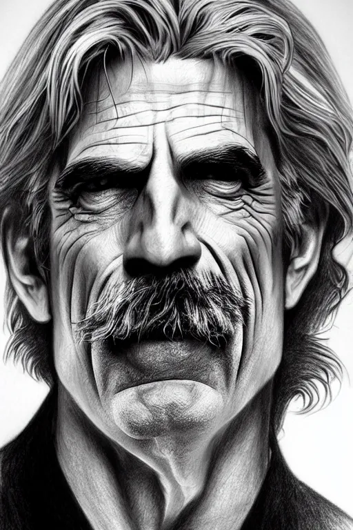 Image similar to hyperrealist pencil sketch of vampire sam elliott by david malan and alphonse mucha, fantasy art, drawing, dynamic lighting, artstation, poster, volumetric lighting, very detailed faces, 4 k, award winning