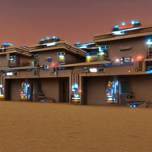 Prompt: cybernetic futuristic ndebele homestead seen from the front, highly detailed, octane rendered, night scene