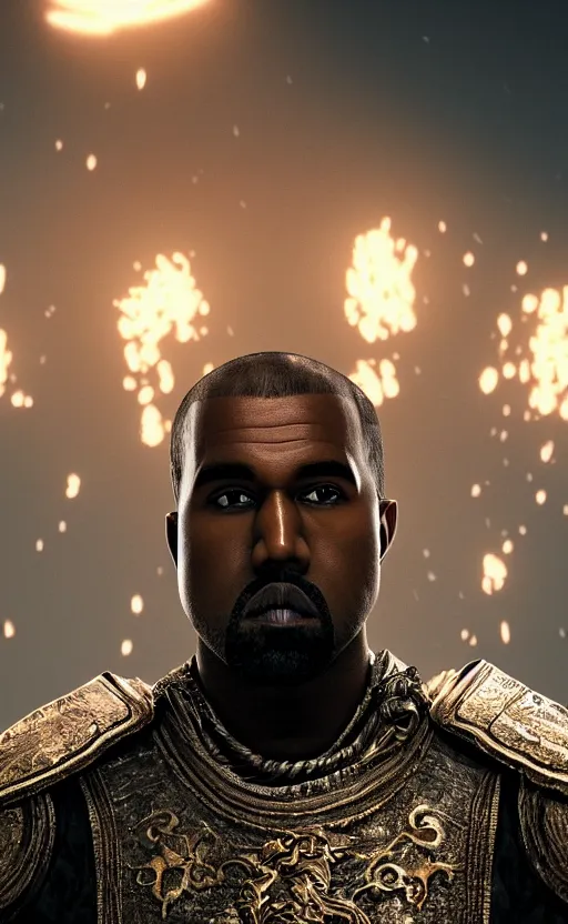 Image similar to Portrait of Kanye West as Emperor Napoleon in Skyrim, splash art, movie still, cinematic lighting, dramatic, octane render, long lens, shallow depth of field, bokeh, anamorphic lens flare, 8k, hyper detailed, 35mm film grain