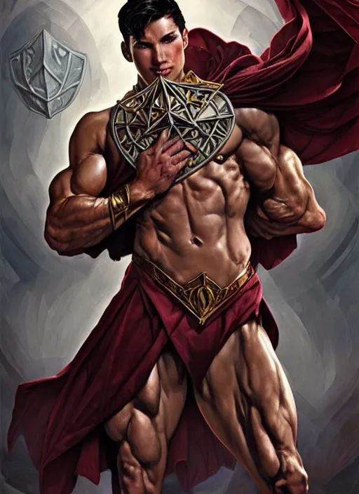 Image similar to aggressive superboy prime, d & d, muscular! crossfit anatomy, fantasy, intricate, elegant, highly detailed, digital painting, artstation, concept art, smooth, sharp focus, illustration, art by artgerm and greg rutkowski and alphonse mucha and alex ross and donato giancola and bayard wu and gustav moreau and wayne barlowe