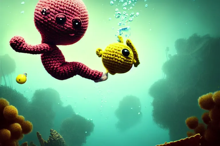 Image similar to a baby crochetbunny diving underwater. cute, illustration, digital art, inspired by little big planet, by greg rutkowski, sharp, masterpiece, highly detailed, photorealistic, octane render, 8 k, unreal engine 5, trending on artstation, vivid colors