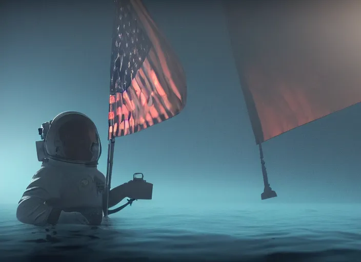 Image similar to dark photo of an astronaut underwater putting a flag on the bottom of the ocean. in the background, a submarine is visible. dark, concept art, cinematic, dramatic, blender, photorealistic, octane render, 8 k, volumetric lighting, trending on artstation