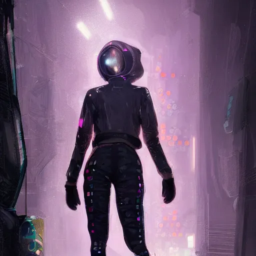 Image similar to portrait of a skill magic deepdream guard girl cyberpunk futuristic, reflective puffer jacket, black leggings from the back radiating a glowing aura by ismail inceoglu dragan bibin hans thoma, perfect face, fine details, realistic shaded, fine - face, pretty face