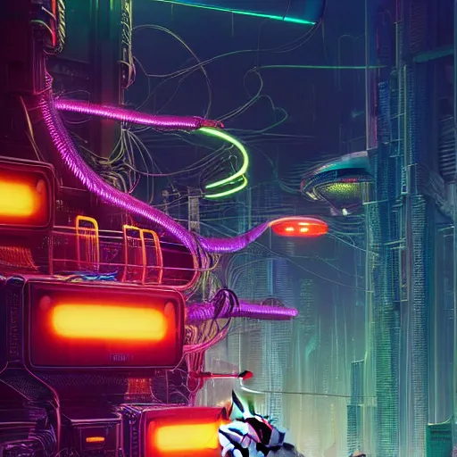 Image similar to cats cyborg inside an scifi tentacles wires futuristic city, beautiful neon cats, cinematic, highly detailed, photorealistic, rich bright colors, trending on artstation, giger, tsutomu nihei, trending on cgsociety, awe inspiring bruce pennington cityscape, digital art painting of 1 9 6 0 s