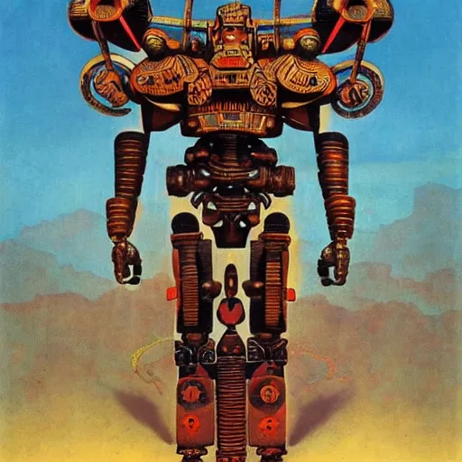 Image similar to elaborate mayan art deco mecha by j. c. leyendecker, bosch, and beksinski