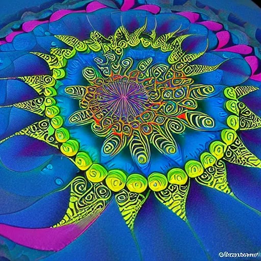 Image similar to psychedelic animal sculpture made in color paper, intricated, fractal patterns. geometric