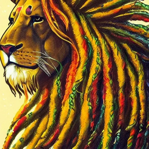 Prompt: illustration of an epic looking lion with a mane of rasta dreadlocks staring into the distance