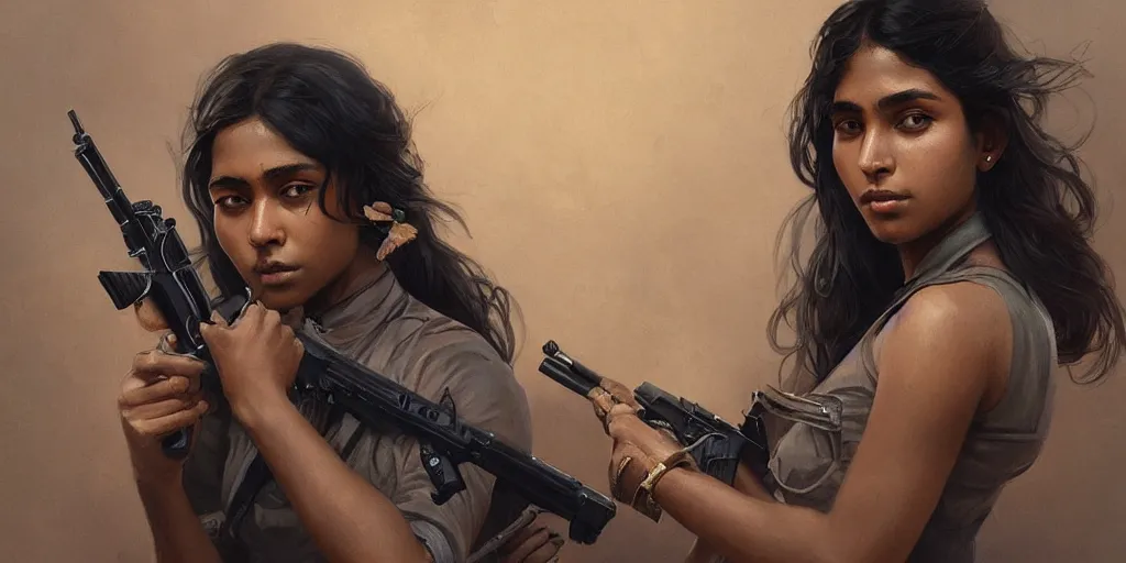 Prompt: sri lankan girl with a gun, angery emotion, intricate, elegant, highly detailed, digital painting, artstation, concept art, smooth, sharp focus, illustration, art by artgerm and greg rutkowski and alphonse mucha