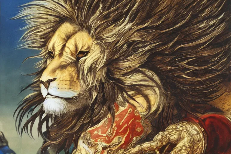 Image similar to 8k Yoshitaka Amano painting of upper body of a young cool looking lion beast-man at a medieval market at windy day. White mane, Depth of field. He is wearing complex fantasy armors. He has huge paws. Renaissance style lighting.