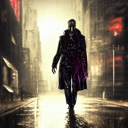 Image similar to frankenstein's monster wearing a trench coat on a wet nighttime street, cyberpunk, synthwave, trending on art station, trending on deviantart, 8 k resolution, epic digital art