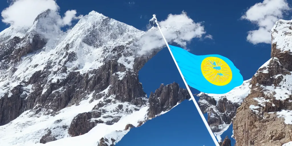 Image similar to flag of kazakhstan flying over mountain