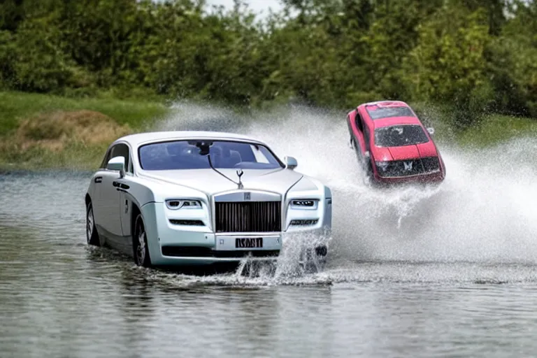 Image similar to Teenagers push Rolls-Royce into lake with their hands from a small slide wanting to drown him