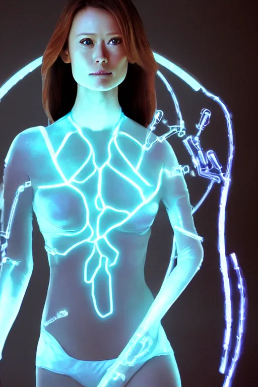 Image similar to summer glau as cortana from halo, transparent glowing digital body, complex wires and circuits