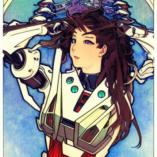 Prompt: anime manga mecha gundam robot portrait by Alphonse Mucha art nuevou