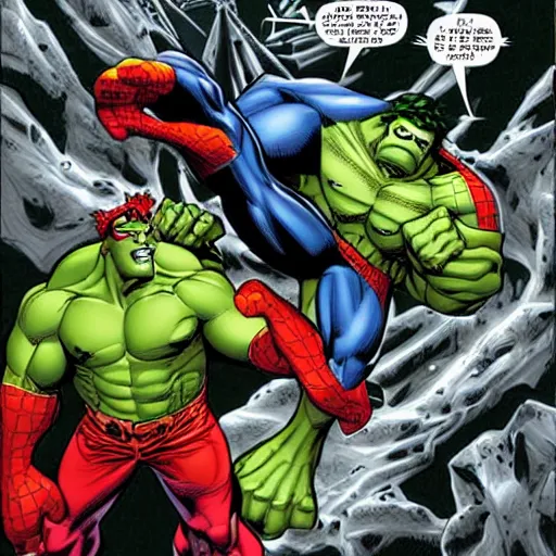 Image similar to spider man and Hulk by Joe Madureira