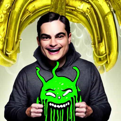 Image similar to ben shapiro with big horns and long curls, sinister smile with green slime dripping from mouth, dollar signs, cinematic