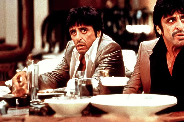 Image similar to tony montana from movie scarface 1 9 8 3 sitting behind a big black oak table with big large packages of flour. al pacino. perfect symmetric face, coherent eyes, close up, fine details, 4 k, ron cobb. last scene from scarface movie, bokeh