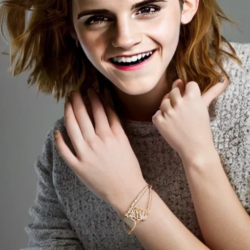 Image similar to A photo of laugh emma watson showing wedding ring on his finger. 50 mm. perfect ring. award winning photography