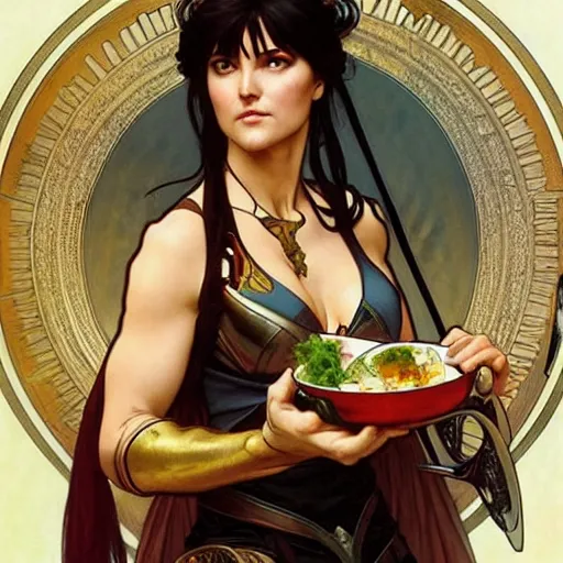 Prompt: xena warrior princess eating at a restaurant art by artgerm and greg rutkowski and alphonse mucha - w 7 6 8