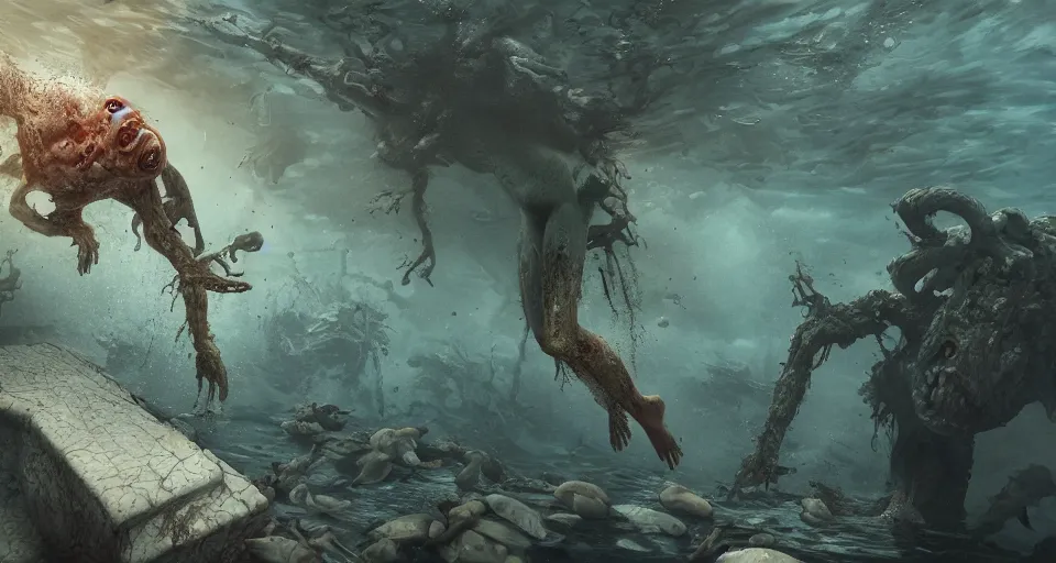 Prompt: highly detailed full body portrait of a zombie swimming underwater in a zombie - apocalypse, in a swimming pool, by peter mohrbacher, octane render