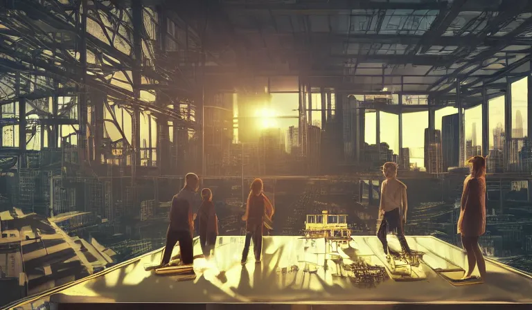 Prompt: group of people in simple warehouse, admiring hologram of futuristic city on a table, cinematic concept art, godrays, golden hour, natural sunlight, 4 k, clear details, tabletop model buildings, center model buildings, hologram center, crane shot, crane shot, crane shot