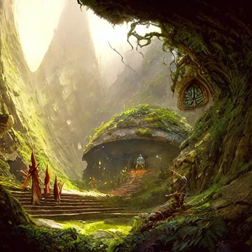 Prompt: worm's eye view of a elven headquarters carved inside a mountain above a lush garden, neat and tidy, magical, natural light, fantasy, sharp focus, concept art, by greg rutkowski and craig mullins, cozy atmospheric