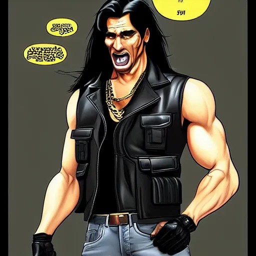 Image similar to a handsome man, in good physical shape, chiseled jaw, 5 o'clock shadow, long black hair in a ponytail, wearing a black leather vest, black leather vest is open, no shirt under the vest, wearing an ammo belt, wearing cargo pants, wearing a gold chain, holding a blaster, grim expression, full body shot, comic book art, realistic looking comic book sketch