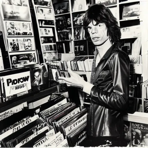Prompt: mick jagger working in a record store in 1 9 6 9, polaroid photo, artistic, realistic, snapshot