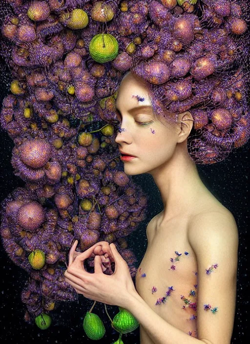 Image similar to hyper detailed 3d render like a Oil painting - Aurora (Singer) Eats of the Strangling Fruit and Her gossamer polyp blossoms bring iridescent fungal flowers whose spores black the foolish stars by Jacek Yerka, Mariusz Lewandowski, Houdini algorithmic generative render, Abstract brush strokes, Masterpiece, Edward Hopper and James Gilleard, Zdzislaw Beksinski, Mark Ryden, Wolfgang Lettl, hints of Yayoi Kasuma, octane render, 8k