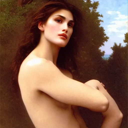 Image similar to Painting of Cindy Crawford. Art by william adolphe bouguereau. During golden hour. Extremely detailed. Beautiful. 4K. Award winning.