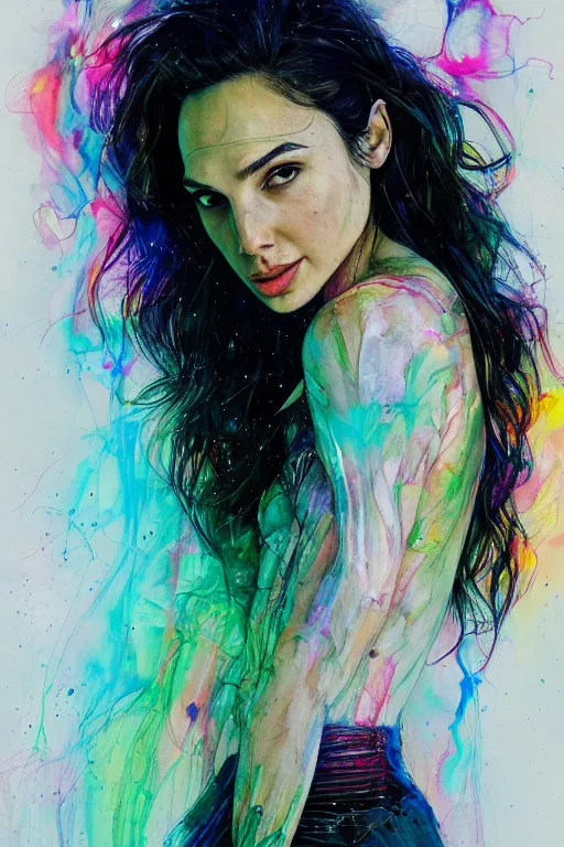 Image similar to gal gadot by agnes cecile enki bilal moebius, intricated details, 3 / 4 back view, full body portrait, extremely luminous bright design, pastel colours, drips, autumn lights