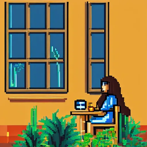 Image similar to a thin, pretty young Filipino girl sits in the window of a Cafe with an espresso, golden morning light, tropical plants, amazing 16 bit pixel art, 6 colors, artstation