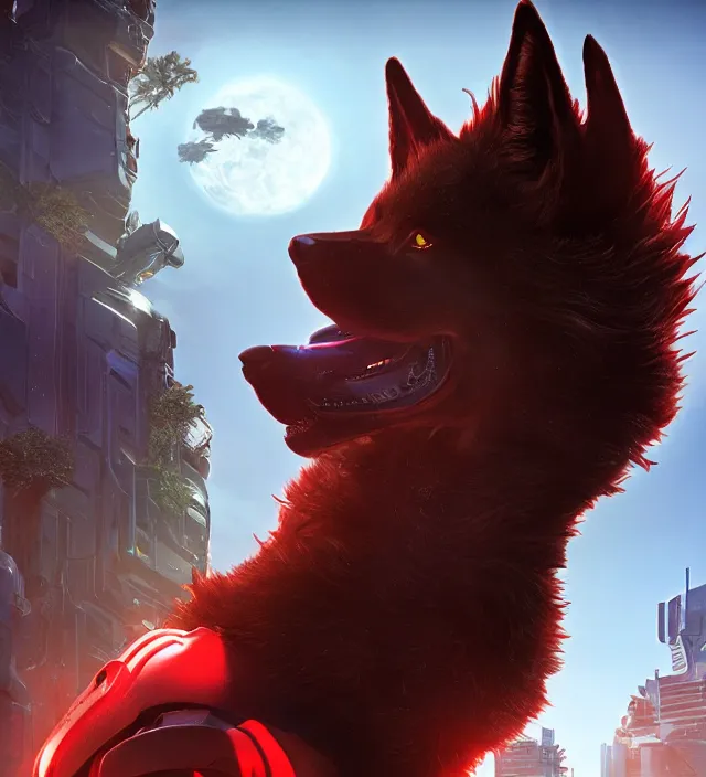 Image similar to portrait of a anthropomorphic black male wolf with red hair in star citizen, hyper detailed, digital art, trending in artstation, cinematic lighting, studio quality, smooth render, unreal engine 5 rendered, octane rendered, art style by pixar dreamworks warner bros disney riot games and overwatch.