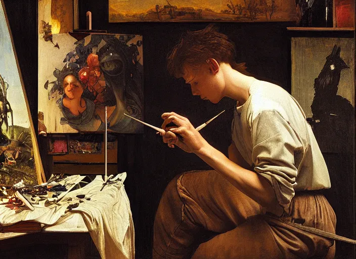 Prompt: a young painter in his studio painting a picture of a pokemon, by edgar maxence and caravaggio and michael whelan and delacroix style, artistic, intricate drawing, cinematic lighting, hyper realistic, extremely detailed, establishing shot, 8 k resolution, dramatic lighting