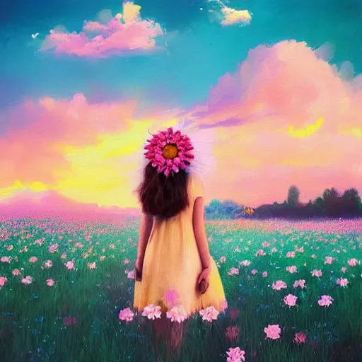 Image similar to girl with a full daisies head, surreal photography, flower field, sunset dramatic light, impressionist painting, colorful clouds, blue sky, digital painting, artstation, simon stalenhag