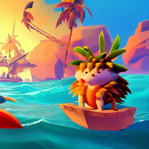 Image similar to hedgehog in a bikini in sea of thieves, hedgehog wearing a bikini, cute, colourful, happy, adorable, funny