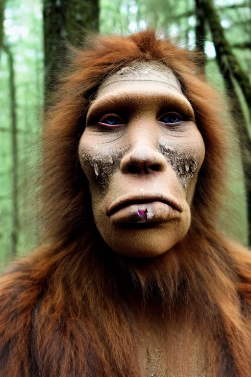 Image similar to a professional portrait photo of a neanderthal woman in the forest in winter, mud on face, black stripe across her eyes, ginger hair and fur, extremely high fidelity, natural lighting, still from the movie quest for fire