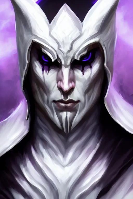 Image similar to human male demon, full body white purple cloak, hero, armor, character concept art, costume design, black eyes, white horns, trending on artstation, Artgerm , WLOP