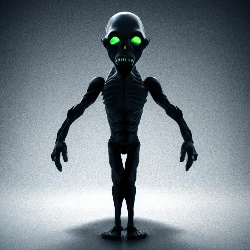 Image similar to full body dark and intimidating portrait of an angry grey alien with sharp glowing black eyes, standing upright with blue wispy light highlighting from behind its figure on a black background, scary, dark and high resolution, 3 d, rim lighting, octane render, 8 k, ultradetailed, photorealistic,