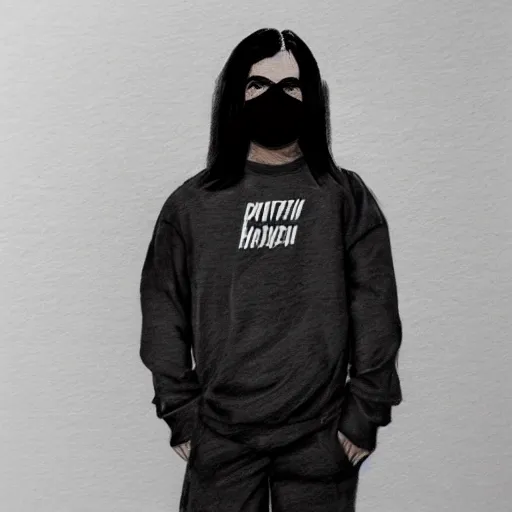 Image similar to professional pencil sketch of a young adult man with slightly long hair wearing a black face mask and an oversized dark sweatshirt and dark sweatpants, high quality, HD, 8K, highly detailed, award-winning