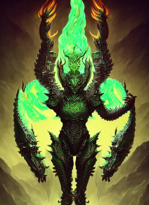 Image similar to muscular and tall green ghostly fire humanoid dragon!!!! draconian!! intricate ornate iridescent heavy armor!! character concept art, sharp focus, octane render! unreal engine 5! highly rendered!! trending on artstation!! detailed linework!! illustration by artgerm, wlop, and chie yoshii