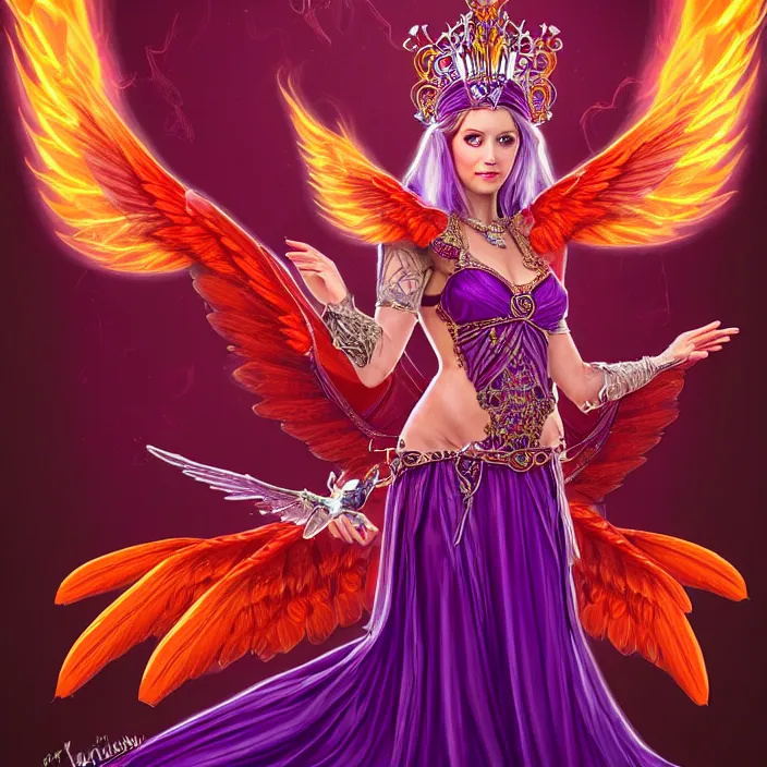 Image similar to Princess sorceress with red flaming bird wings on her back and sitting on an ornate throne dressed in a fancy purple dress, beautiful realistic symmetrical defined face, anatomically correct, Fantasy, Full Portrait, High detail, realistic, planeswalker