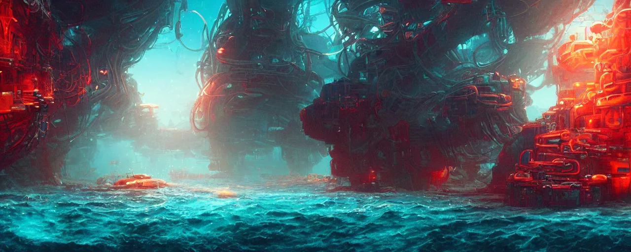 Prompt: ” underwater otherwordly landscape, [ cables, pods, deepsea, cinematic, detailed, epic, widescreen, opening, establishing, mattepainting, photorealistic, realistic textures, octane render, art by slop and paul lehr ] ”