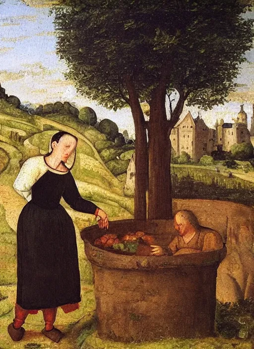 Prompt: a 1 6 th century oil painting of a medieval peasant tending to a farm beside a castle