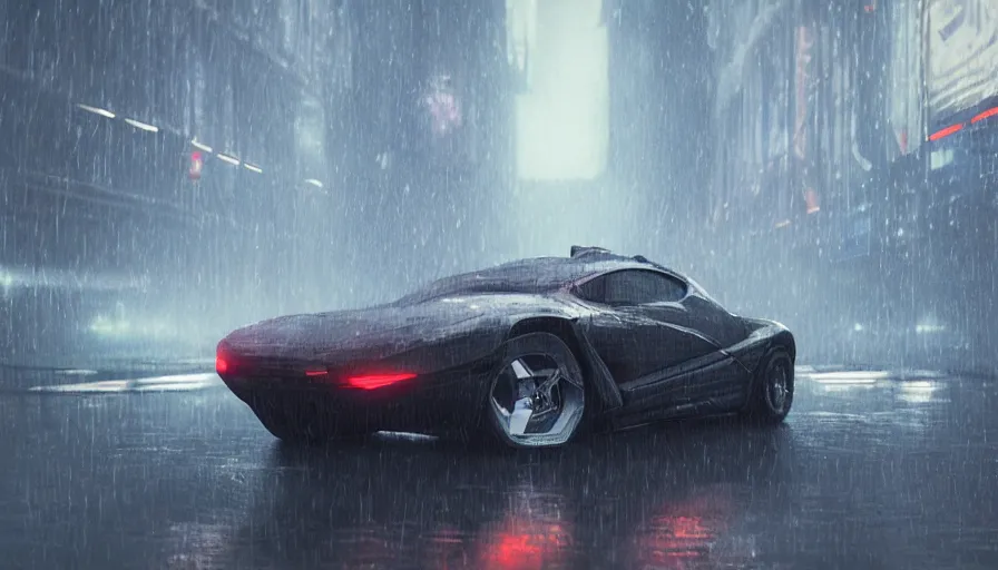 Image similar to a picture of a car in the rain, cyberpunk art by fyodor vasilyev, zbrush central contest winner, cubo - futurism, synthwave, darksynth, retrowave