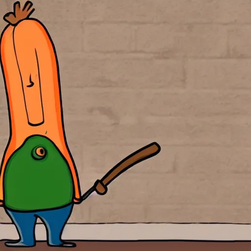 Image similar to A giant cartoon carrot eating a human stick