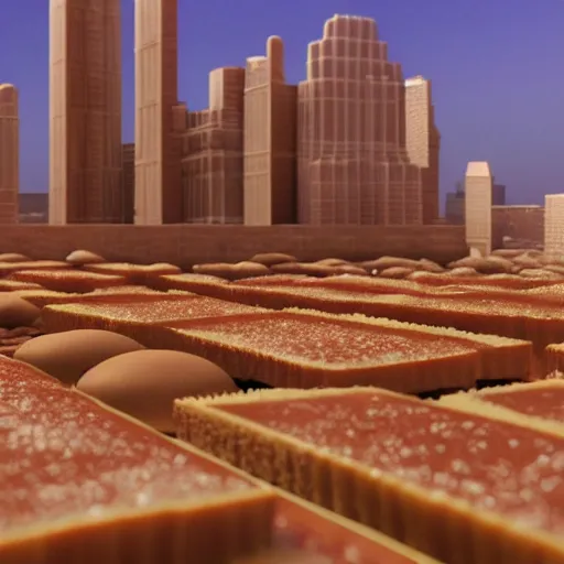 Prompt: A detailed Octane render of a metropolis made from peanut butter and jelly on a field of bread