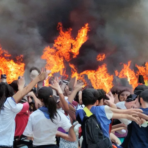 Prompt: a campus burning, the professor was on fire running in terror, the students are dancing around in joy, journalism photo, realistic